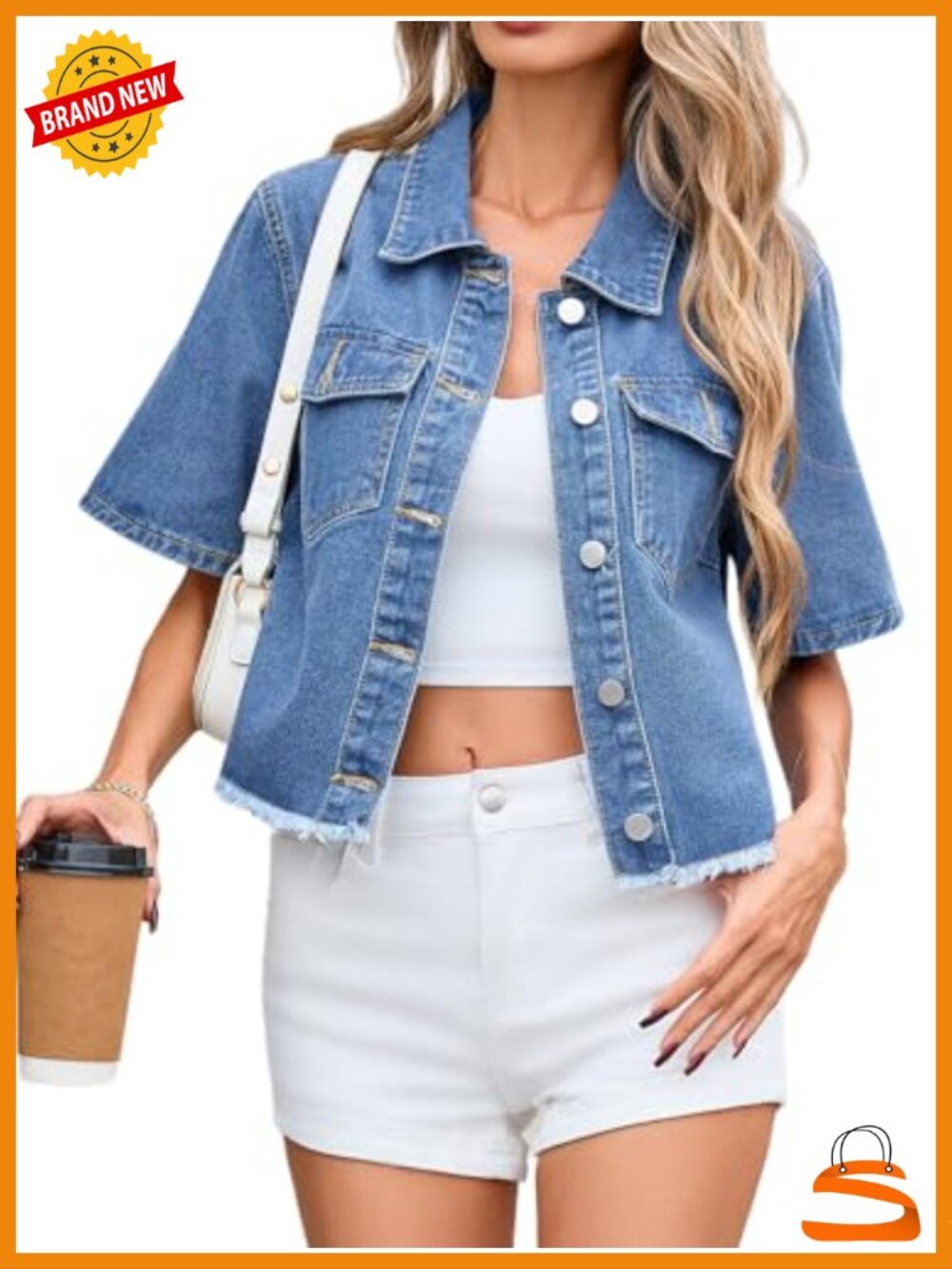 Short Sleeve Denim Jacket Cropped Frayed Hem Jean Jacket Casual